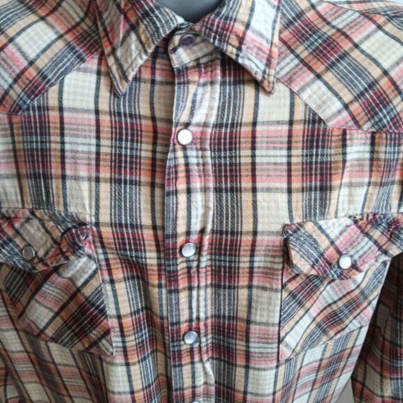 Men's XL Vintage Flannel Western Shirt 1980's Plaid Snap Lariat Hong Kong - Picture 2 of 8